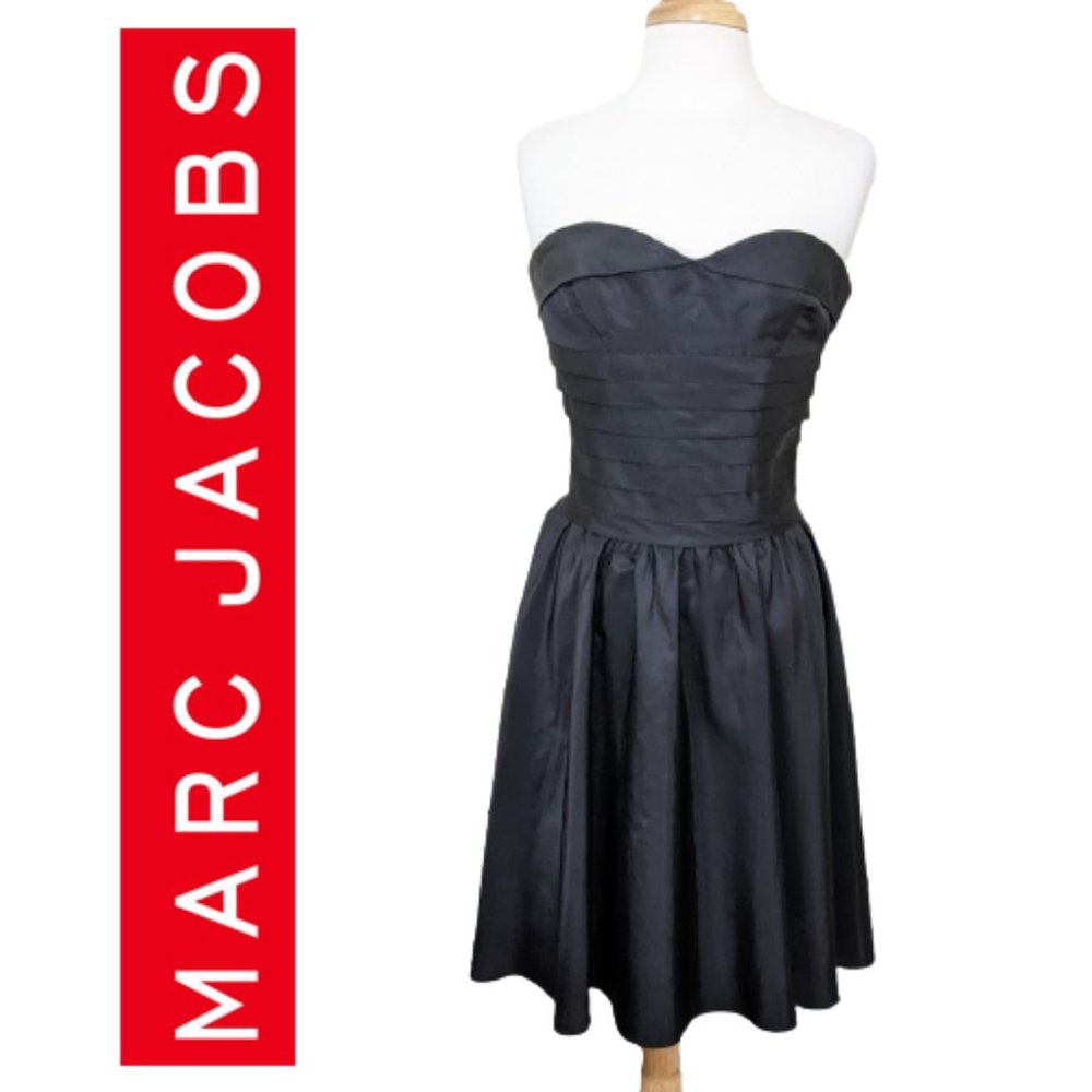 MARC JACOBS Black Silk Strapless Party Dress w/ Pleated Bodice 6